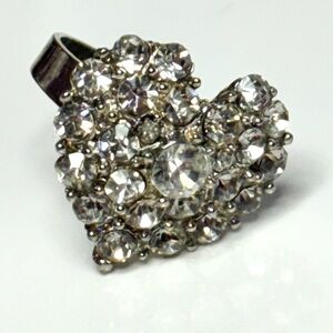 Vtg Heart Shaped Silver Tone Rhinestone Accent ajustable Ring Love Valentine